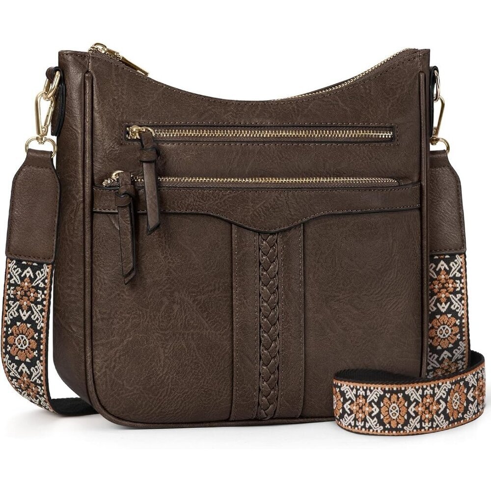 Women’s Coffe Leather 7-Pocket Purses Crossbody Bags And Shoulder Bag